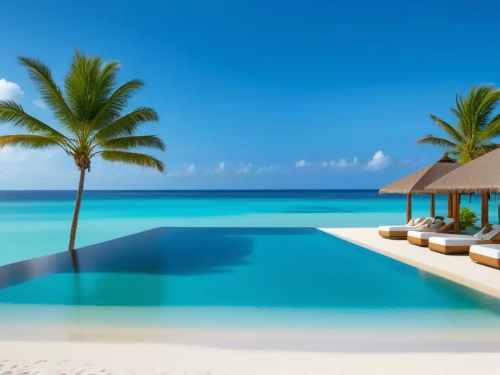 Resort de lujo frente al mar en el Caribe: exclusividad y relax Un lujoso complejo de tiempo compartido frente a la playa con arquitectura moderna y piscinas infinitas, en el mar Caribe