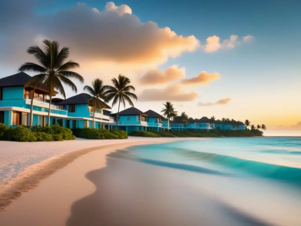 Resort de lujo en paraíso tropical: impacto climático Un lujoso complejo de tiempos compartidos frente a la playa, con aguas turquesas y palmeras, resaltando los riesgos climáticos en tiempo compartido