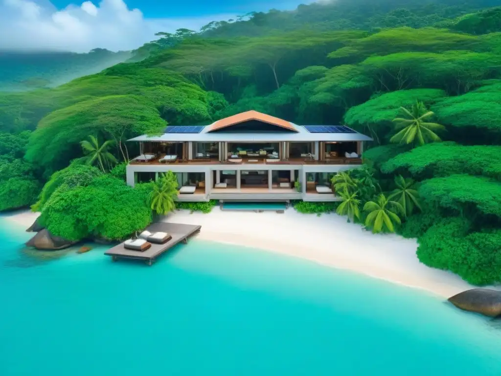 Paraíso eco-lujoso: resort sustentable en la selva con vistas al mar Un lujoso complejo turístico ecológico internacional en armonía con la naturaleza exuberante y el mar turquesa
