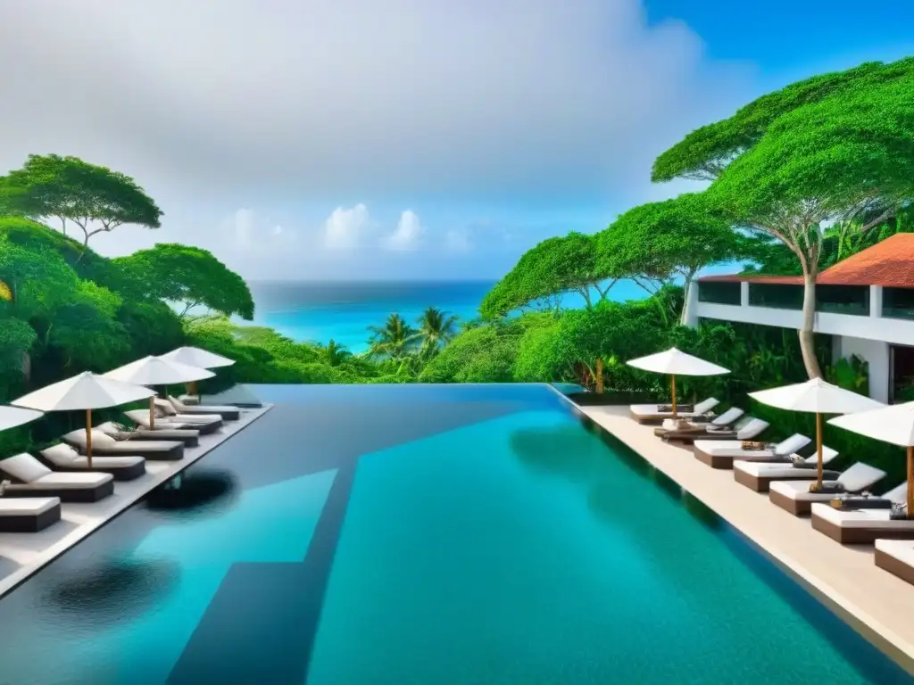 Resort de lujo con piscina infinita y vistas al mar Un lujoso complejo turístico moderno con diseño arquitectónico elegante, piscina infinita y vistas al océano, rodeado de exuberantes jardines tropicales y comodidades de lujo