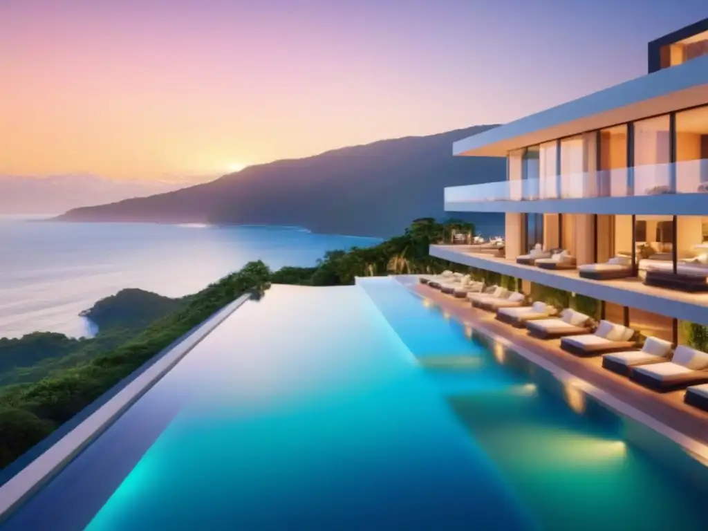 Resort de lujo con atardecer espectacular en 8k Un lujoso complejo turístico moderno con arquitectura elegante, piscinas infinitas relucientes y vistas panorámicas al mar al atardecer