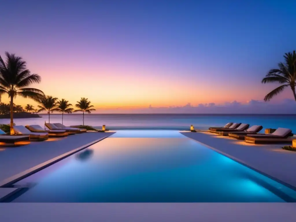 Resort de lujo junto a la playa con piscinas infinitas y atardecer vibrante Un lujoso complejo turístico moderno en la playa con piscinas infinitas, palmeras y áreas de descanso al aire libre elegantes, bajo una vibrante puesta de sol