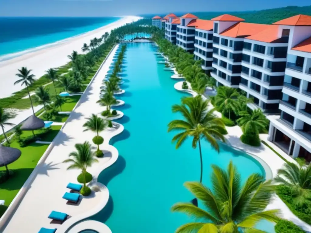 Resort de lujo frente al mar: paraíso turquesa y exclusividad Un lujoso complejo vacacional en la playa con aguas turquesa, arena blanca, palmeras y piscinas infinity