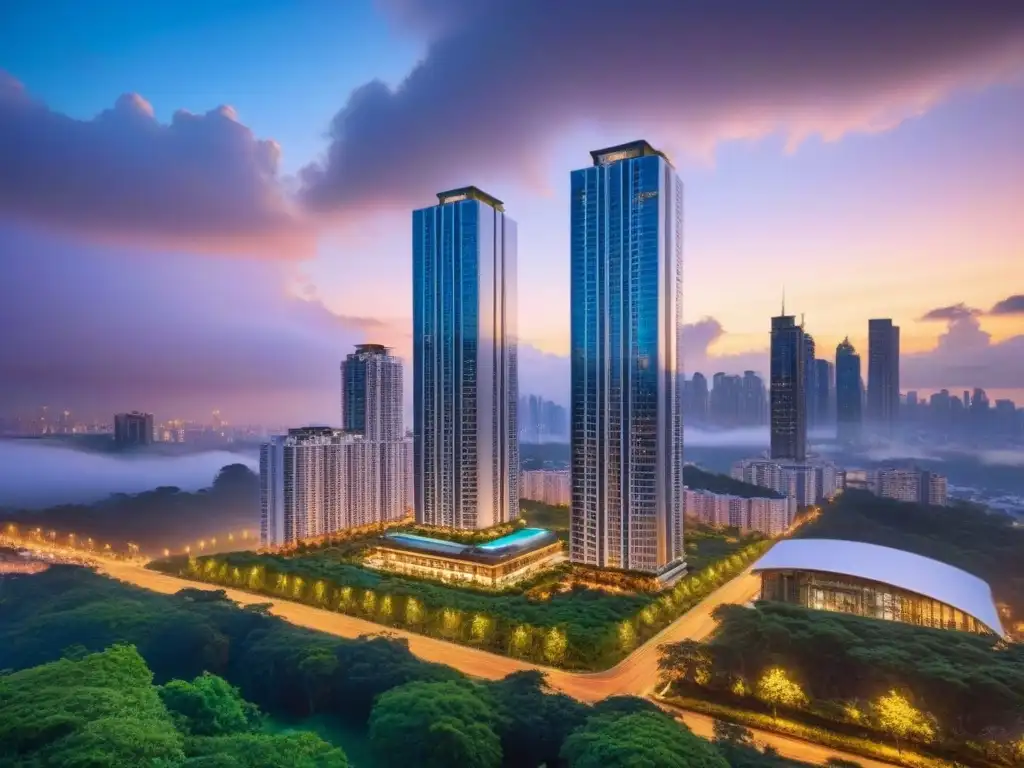 Condominio de lujo: diseño moderno en entorno urbano y natural al anochecer Un lujoso condominio de alta gama con diseño moderno, rodeado de exuberante vegetación y vistas a un vibrante horizonte urbano al anochecer