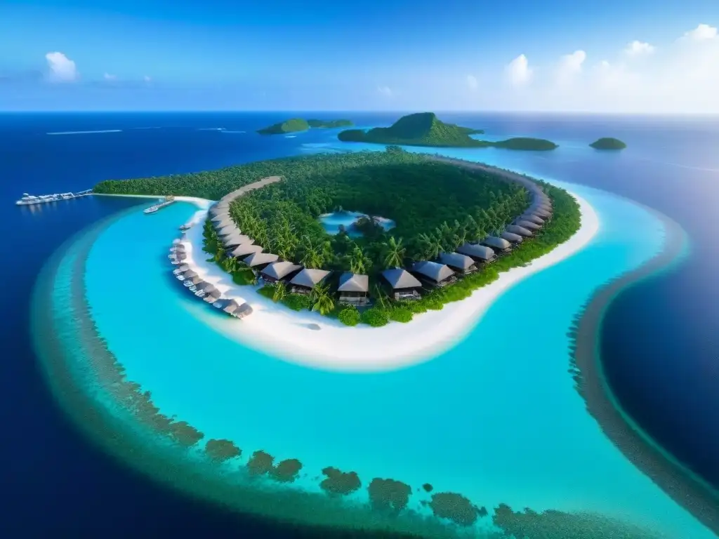 Paraíso de lujo en isla privada: villas sobre el agua y atardecer dorado Un lujoso desarrollo de resorts en islas, con villas sobre el agua, playas blancas y un puerto deportivo