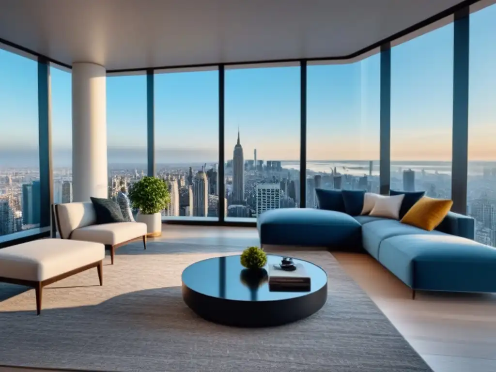 Penthouse de lujo con diseño interior moderno y tecnología 3D innovadora Un lujoso diseño de penthouse moderno con mobiliario contemporáneo, ventanas panorámicas y tecnología 3D para experiencias inmersivas