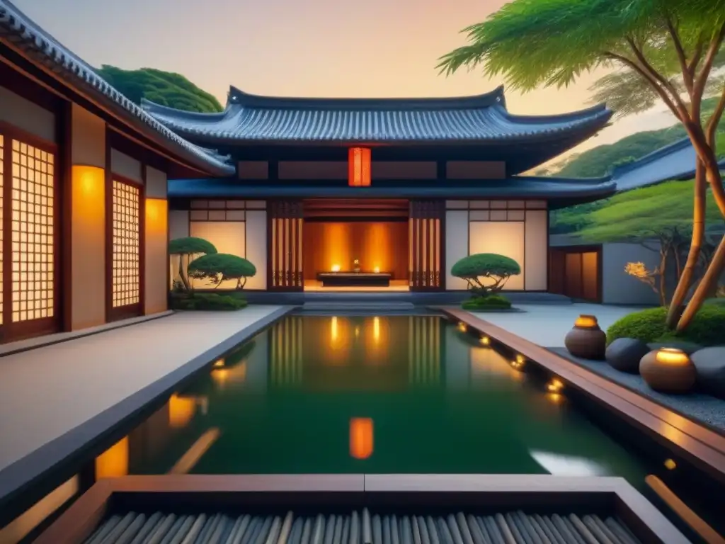 Exquisita mansión moderna con influencias arquitectónicas asiáticas Un lujoso diseño de propiedades de lujo con influencias arquitectónicas asiáticas, jardín zen y elegancia serena al atardecer
