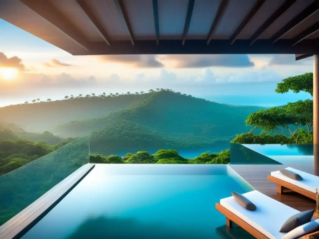 Paraíso eco-sostenible: ecoresort de lujo en la selva tropical Un lujoso ecoresort sostenible en la selva tropical con arquitectura moderna integrada a la naturaleza
