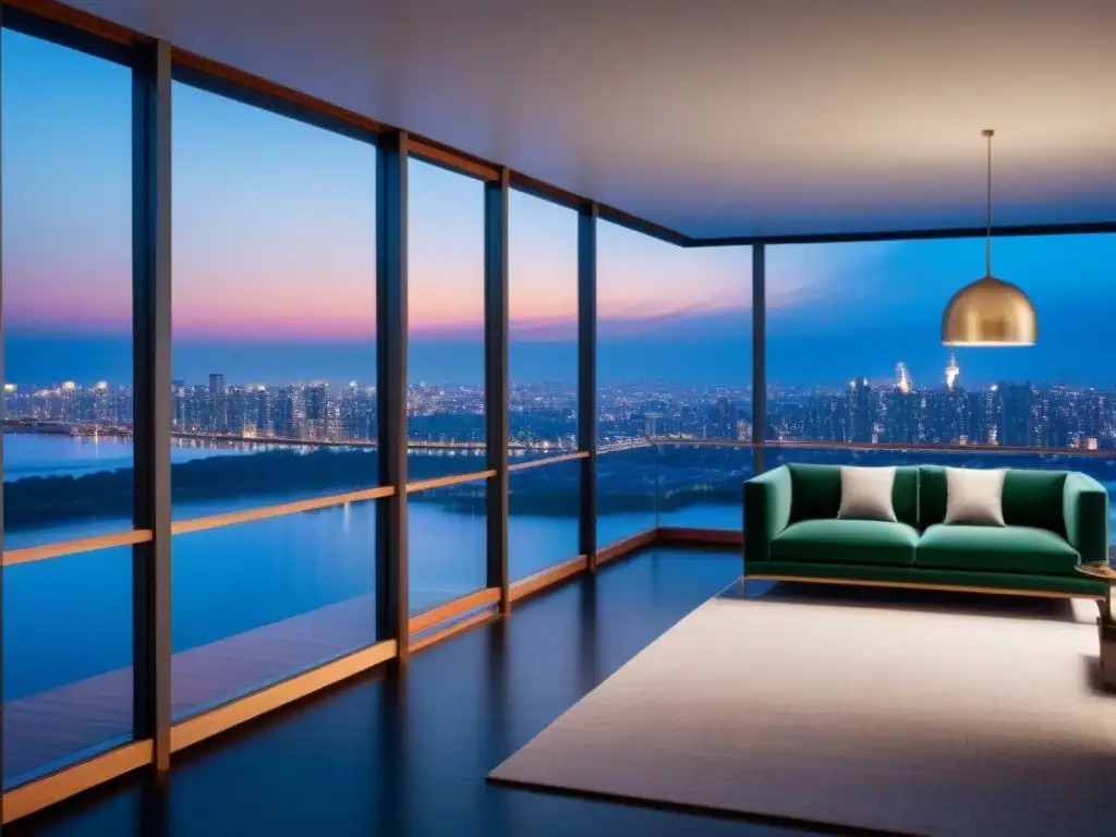 Edificio de lujo al anochecer: arquitectura moderna y cálida Un lujoso edificio de apartamentos de alta gama en la hora azul, con ventanas brillantes y detalles arquitectónicos modernos