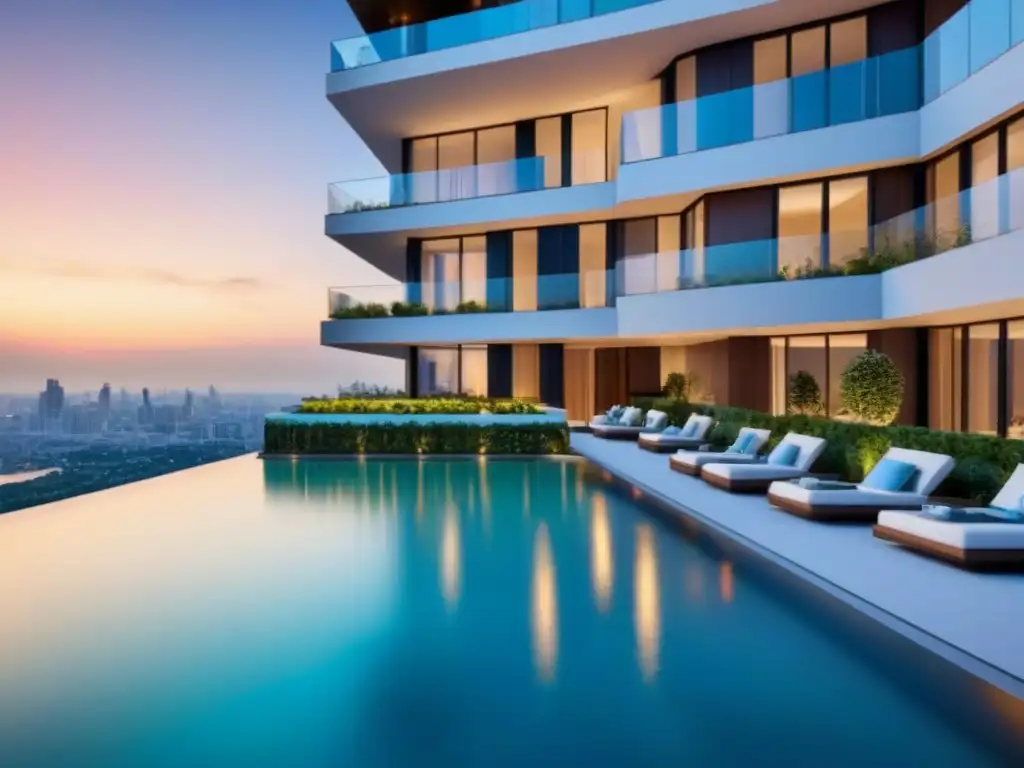Edificio de lujo en ciudad internacional: fotos 8k Fotografía de un lujoso edificio de apartamentos en una ciudad internacional, con piscina en la azotea y arte contemporáneo en el lobby