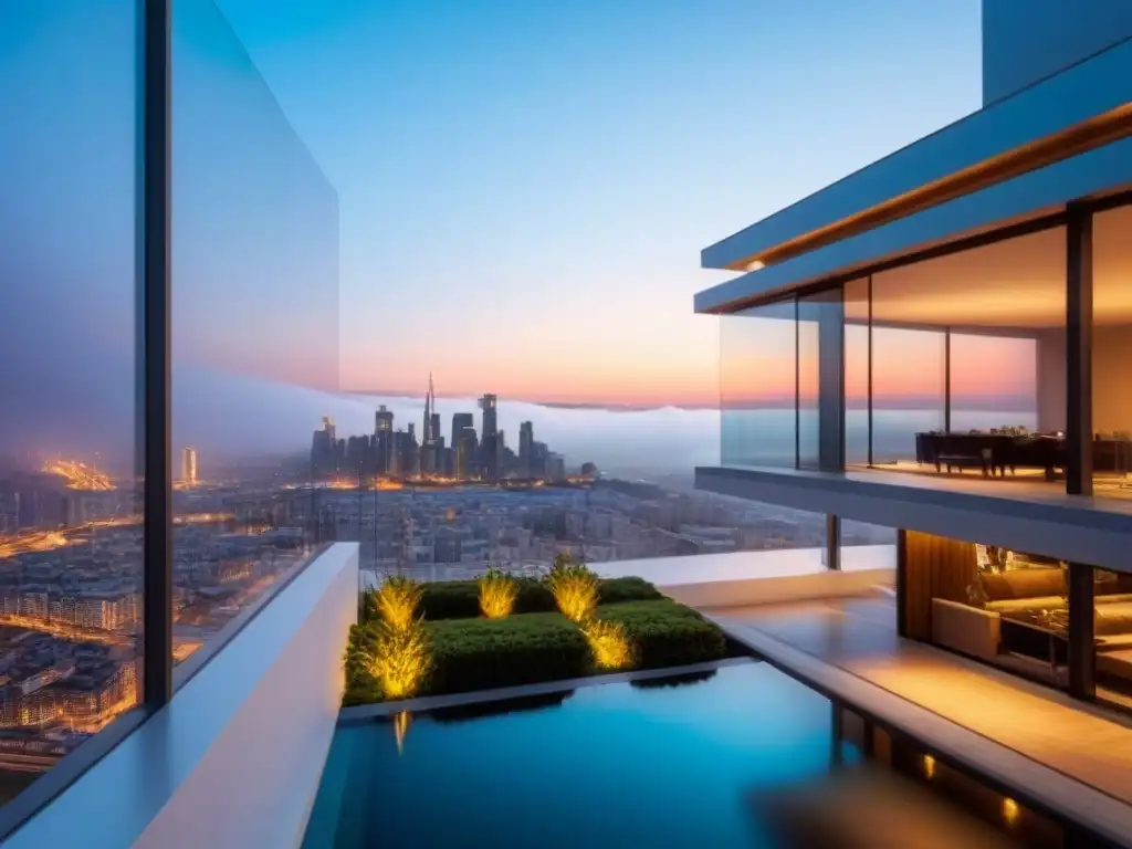 Edificio de lujo con ventanales que reflejan la ciudad al atardecer Un lujoso edificio de apartamentos en la ciudad con un diseño moderno y vistas urbanas al atardecer