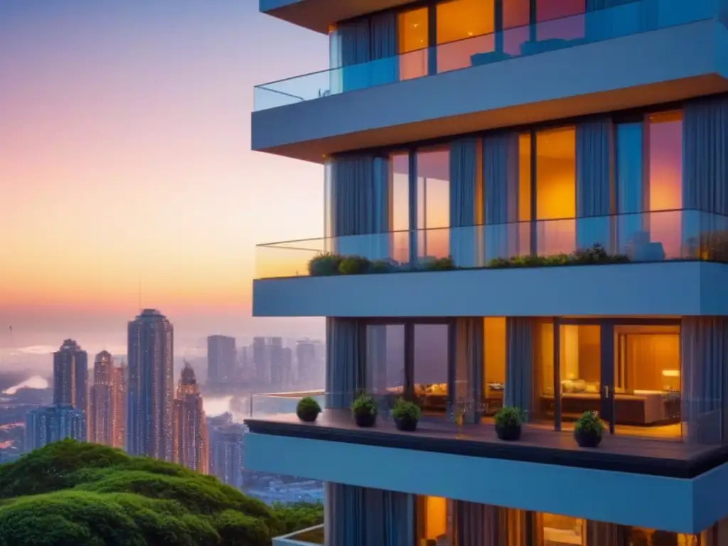 Edificio de lujo con vista panorámica al atardecer Un lujoso edificio de apartamentos moderno con ventanas de piso a techo que reflejan un vibrante paisaje urbano al atardecer
