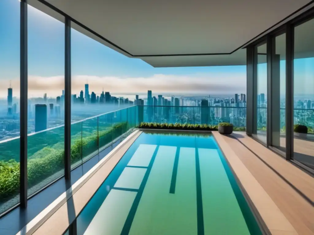 Edificio de lujo con vista panorámica y diseño contemporáneo Un lujoso edificio de apartamentos moderno con ventanas de piso a techo y una impresionante vista panorámica de un bullicioso horizonte urbano