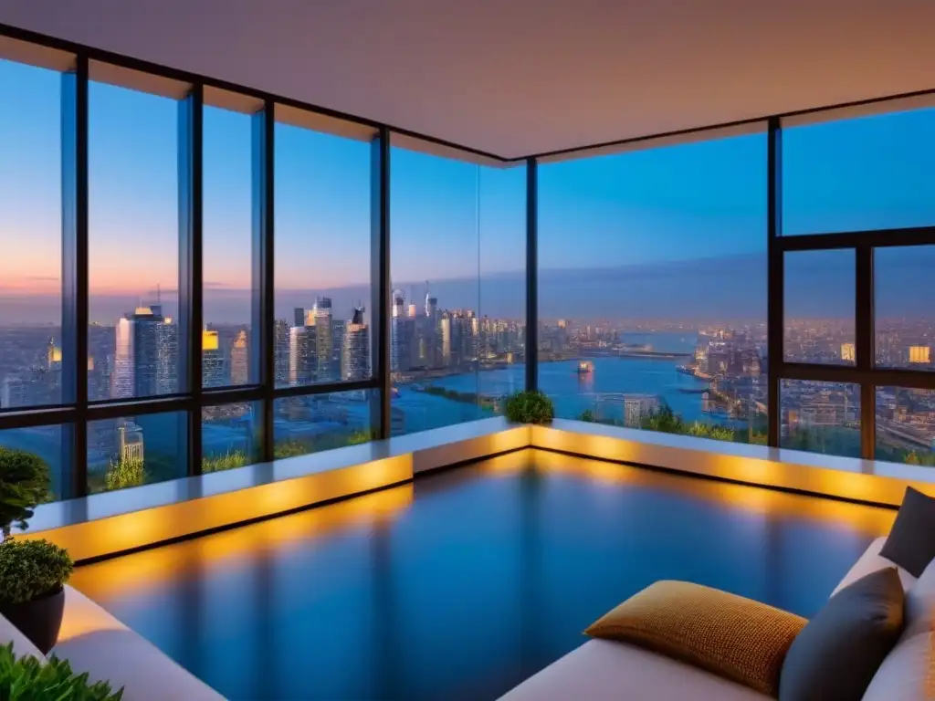 Inversión residencial innovadora: Edificio de lujo con vistas urbanas al atardecer Un lujoso edificio de apartamentos con ventanas de piso a techo reflejando un vibrante horizonte urbano al anochecer, simbolizando oportunidades de financiamiento residencial internacional en 2023