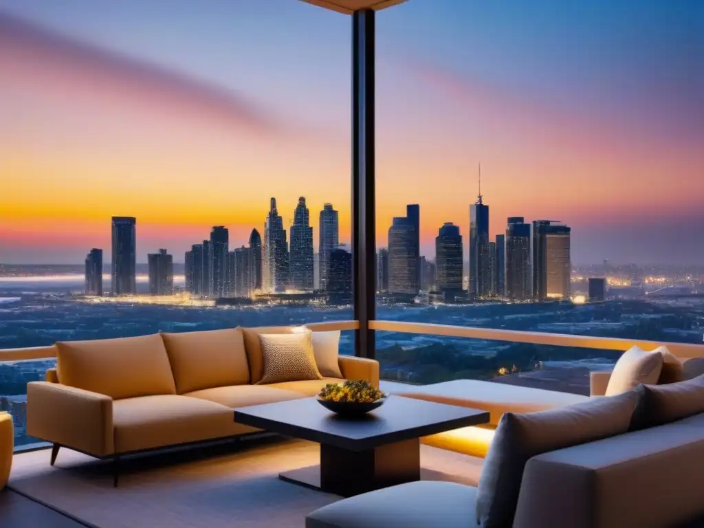 Edificio de lujo en ciudad vibrante al atardecer Un lujoso edificio de apartamentos en una vibrante ciudad, reflejando la puesta de sol