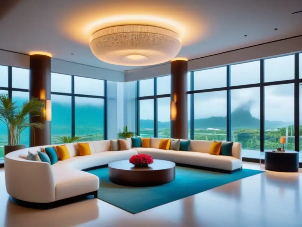 Resort moderno de lujo con vibrante ambiente tropical Un lujoso lobby de resort moderno con mobiliario contemporáneo, iluminación elegante y vista a un paisaje tropical