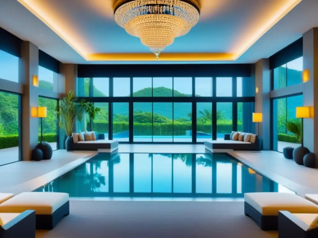 Un lujoso lobby de resort de tiempo compartido con elegante mobiliario, candelabro y vista a una piscina cristalina rodeada de exuberante vegetación