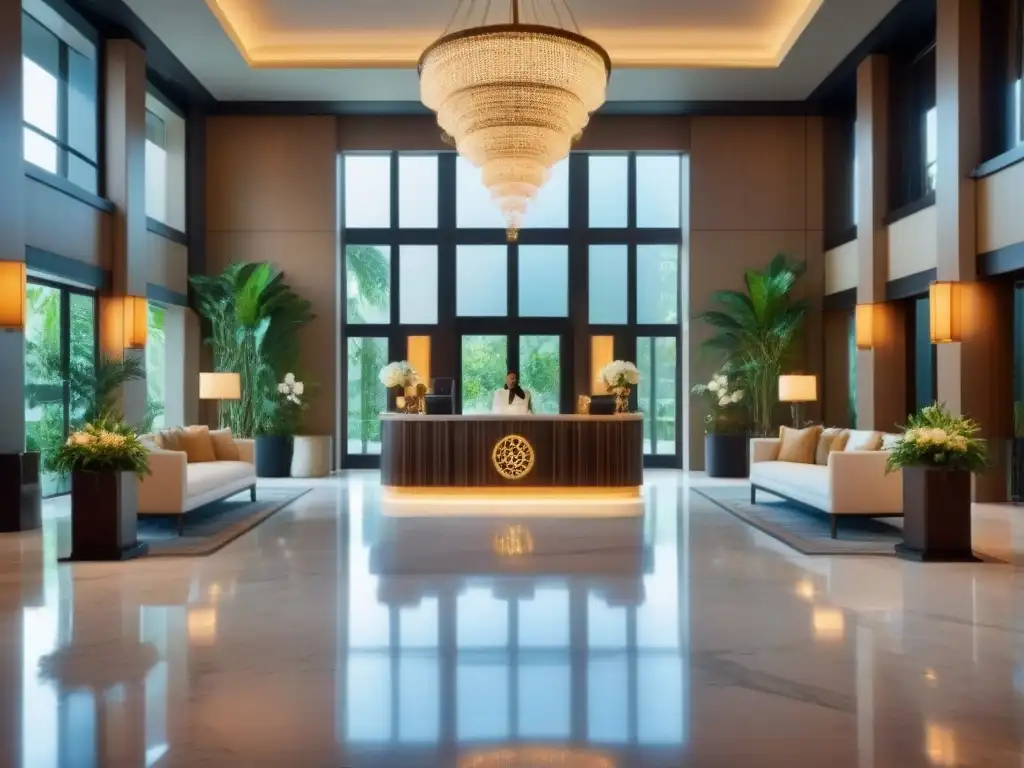 Recepción de lujo en resort moderno y sofisticado Un lujoso lobby de resort de tiempo compartido de lujo con suelos de mármol, arte contemporáneo y un candelabro impresionante