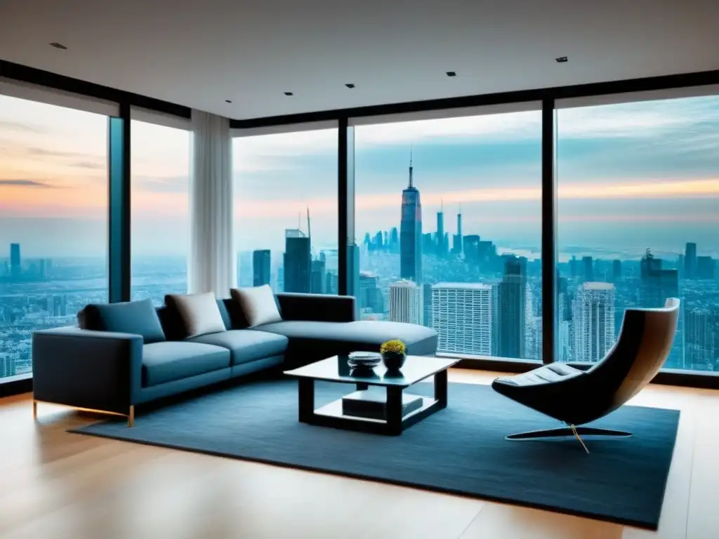 Salón de lujo con vista panorámica en penthouse moderno Un lujoso salón penthouse moderno con ventanales de piso a techo que ofrecen vistas a un bullicioso horizonte urbano