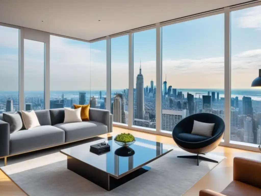 Penthouse de lujo con vista panorámica y tecnología virtual Un lujoso salón penthouse moderno con vista a la ciudad y detalles de Realidad Virtual en Inversiones Inmobiliarias