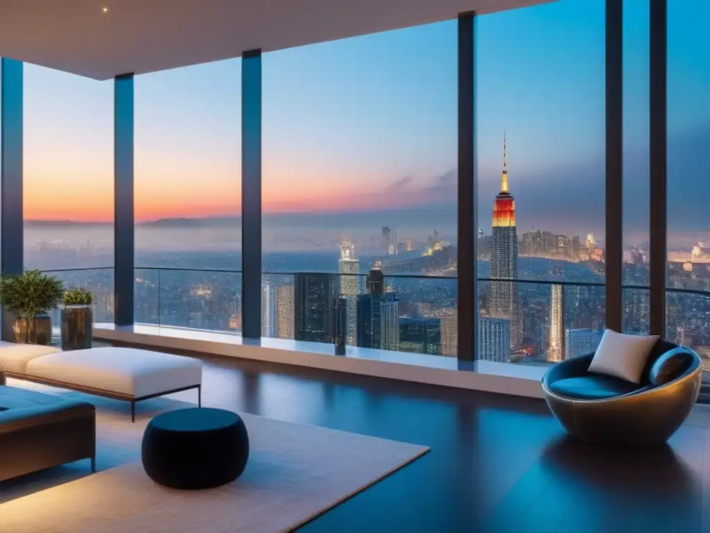 Penthouse de lujo con vista panorámica a la ciudad Lujoso penthouse moderno con vista a la ciudad, diseño elegante y terraza panorámica