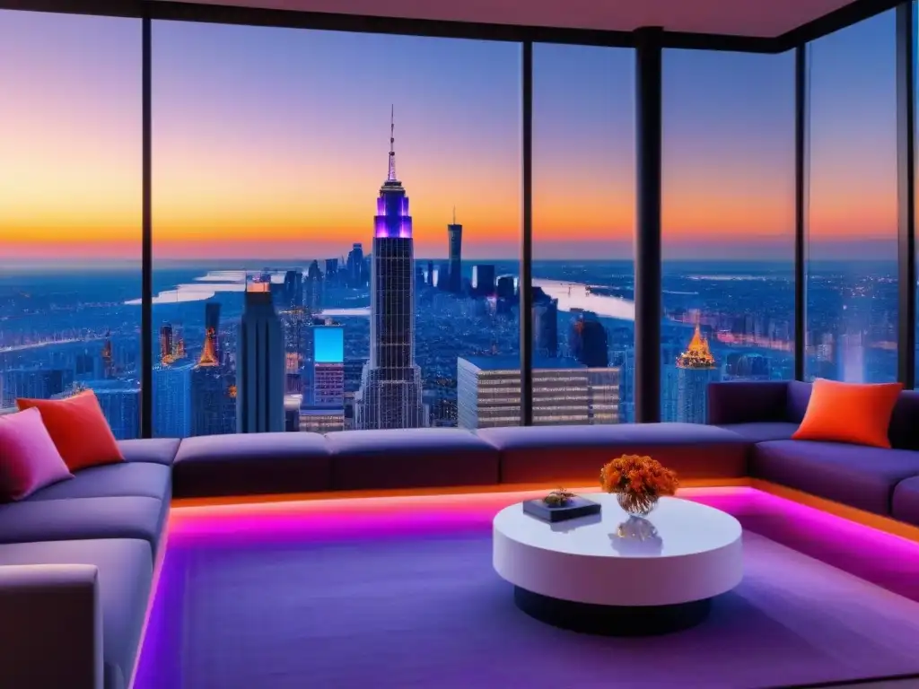 Penthouse de lujo con vistas panorámicas de la ciudad al atardecer Un lujoso penthouse moderno con vista a la ciudad al atardecer