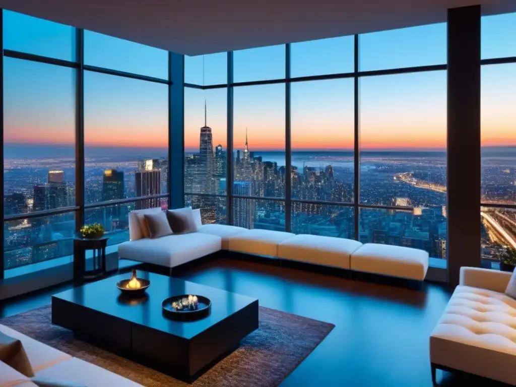 Penthouse de lujo con diseño contemporáneo en la ciudad al atardecer Lujoso penthouse moderno con vista a la ciudad al anochecer, decoración elegante y toques de opulencia