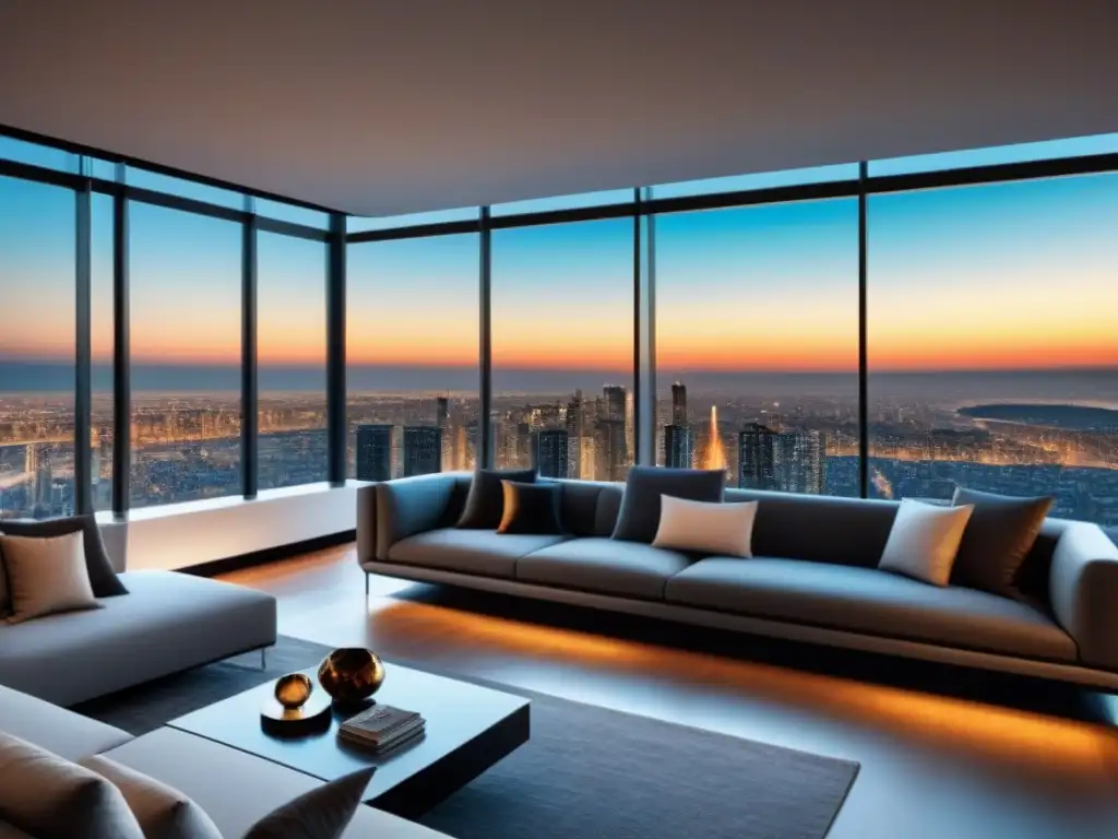 Penthouse de lujo: vista panorámica al atardecer Un lujoso penthouse moderno con vistas a la ciudad al atardecer