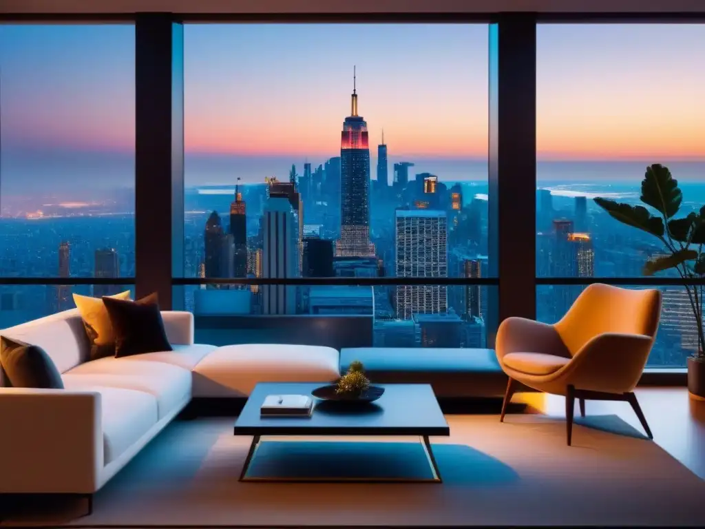 Apartamento de lujo con influencer en la ciudad al atardecer Influencer disfruta de lujoso penthouse con vista a la ciudad al atardecer, reflejando el mercado inmobiliario internacional
