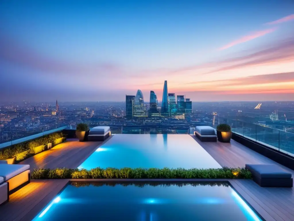 Penthouse de lujo en Londres con piscina infinita al atardecer Penthouse lujoso con piscina infinita en Londres al atardecer, reflejando exclusividad en el mercado inmobiliario internacional post-Brexit