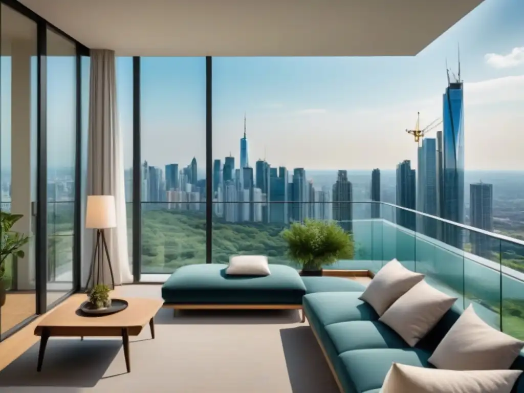 Edificio de lujo con diseño sostenible y vistas impresionantes Un lujoso rascacielos moderno con vistas al skyline de la ciudad, destacando certificaciones ambientales en el mercado inmobiliario