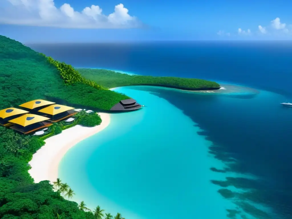 Resort ecológico en la selva: lujo sostenible y naturaleza exuberante Un lujoso resort ecoamigable en la selva tropical con diseño sostenible y una piscina infinita con vista al océano turquesa