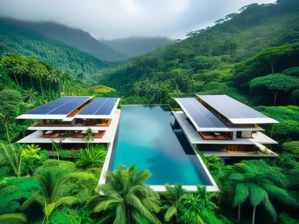 Resort ecológico de lujo en la selva tropical Un lujoso resort ecológico en la selva tropical con diseño sostenible, ideal para invertir en tiempo compartido sostenible