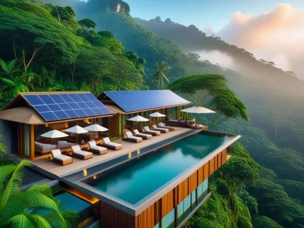 Resort ecológico de lujo en la selva: armonía entre naturaleza y confort Un lujoso resort ecológico en la selva, fusionando arquitectura moderna con la naturaleza