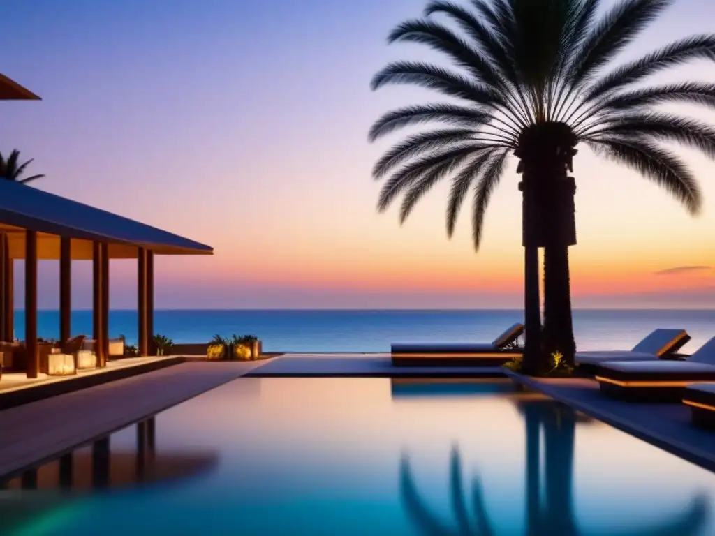 Resort de lujo frente al mar al atardecer Un lujoso resort frente a la playa con arquitectura moderna, piscinas infinitas con vistas al mar y áreas lounge elegantes