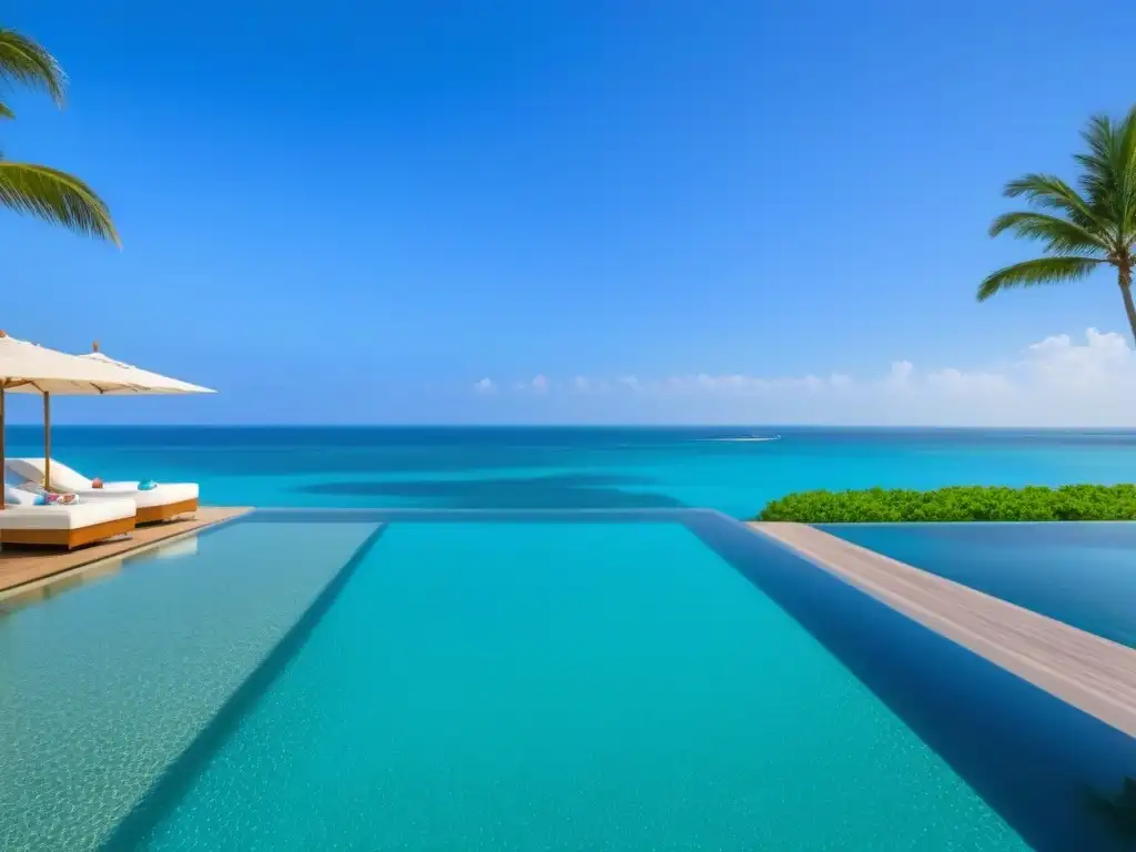 Paraíso tropical: Resort de lujo frente al mar Un lujoso resort frente a la playa con aguas turquesas, palmeras meciéndose y un ambiente contemporáneo
