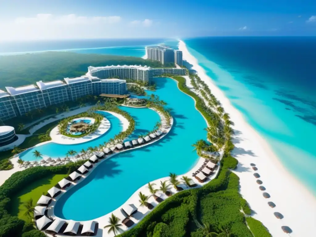 Resort de lujo frente al mar: exclusividad y elegancia Un lujoso resort frente a la playa, fusionando arquitectura moderna con aguas turquesas