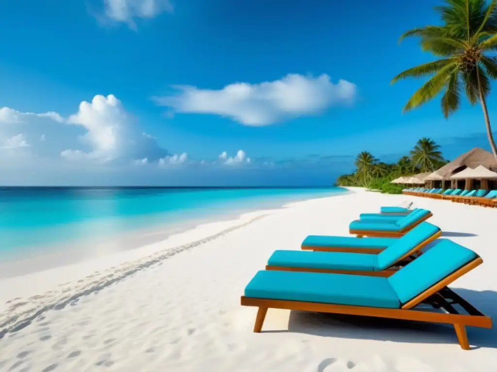 Paraíso playero: Resort de lujo con aguas turquesa y relax absoluto Un lujoso resort frente a la playa con aguas turquesas, arena blanca, palmeras y mobiliario elegante