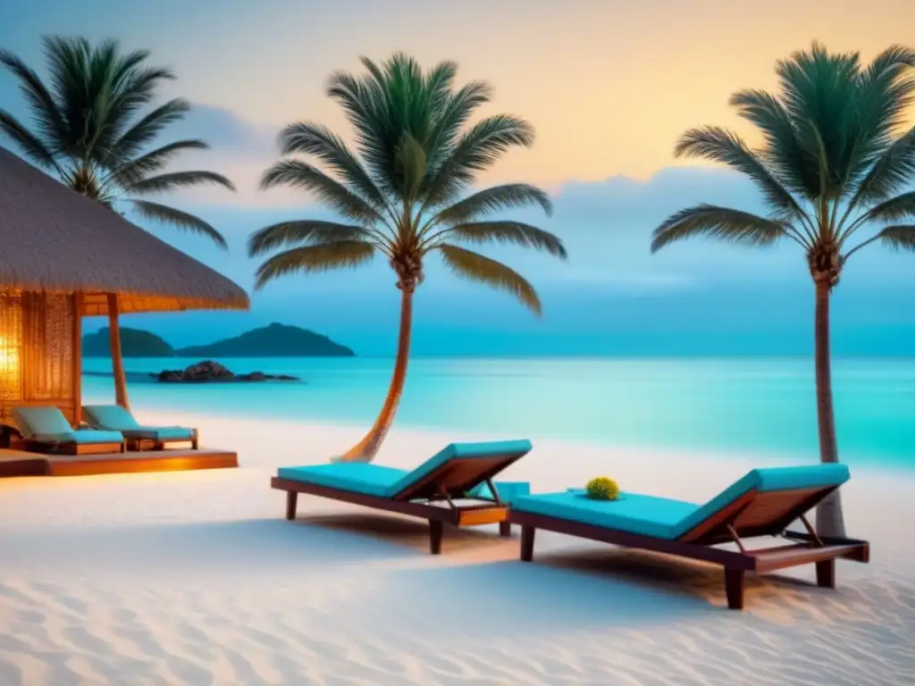 Paraíso playero de lujo: aguas turquesas, arena blanca y atardecer dorado Un lujoso resort frente a la playa con aguas turquesas, arena blanca, palmeras y tumbonas, ideal para dueños de contratos tiempo compartido