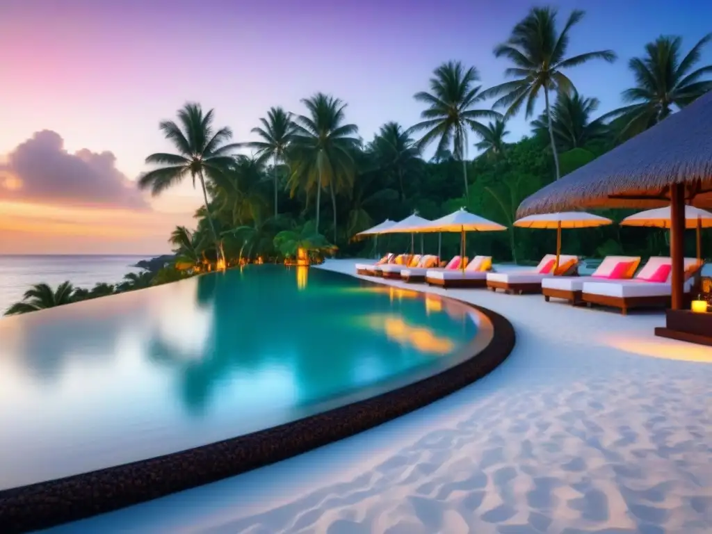 Paraíso tropical: Resort de lujo frente al mar al atardecer Un lujoso resort moderno frente a la playa con aguas turquesas, palmeras y atardecer vibrante