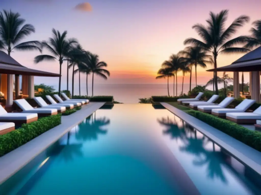 Resort de lujo entre naturaleza y piscina infinita al atardecer Un lujoso resort moderno en medio de exuberante vegetación, con una piscina infinita cristalina que refleja los colores vibrantes del atardecer