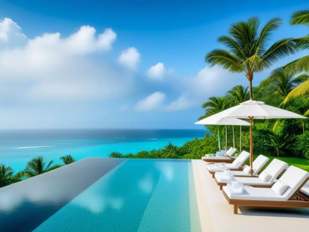 Resort de lujo con infinity pool y vista al mar turquesa Un lujoso resort moderno con piscina infinita, palmeras verdes y diseño elegante