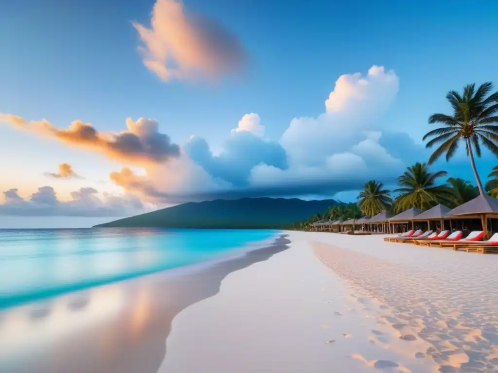 Paraíso tropical de lujo: resort frente al mar con atardecer espectacular Un lujoso resort moderno en la playa con palmeras meciéndose suavemente, aguas cristalinas turquesas, y elegantes tumbonas en la arena blanca