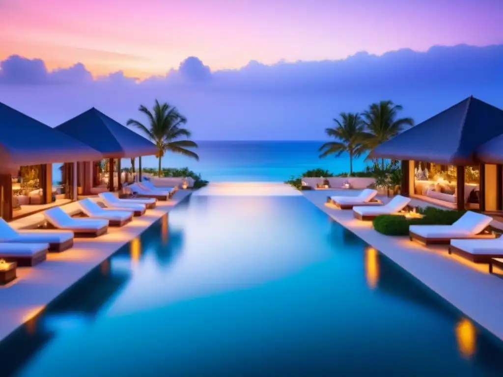 Resort de lujo en la playa: atardecer dorado y relax total Un lujoso resort de playa con arquitectura moderna y piscinas infinitas con vista al océano, palmeras y cómodas cabañas blancas