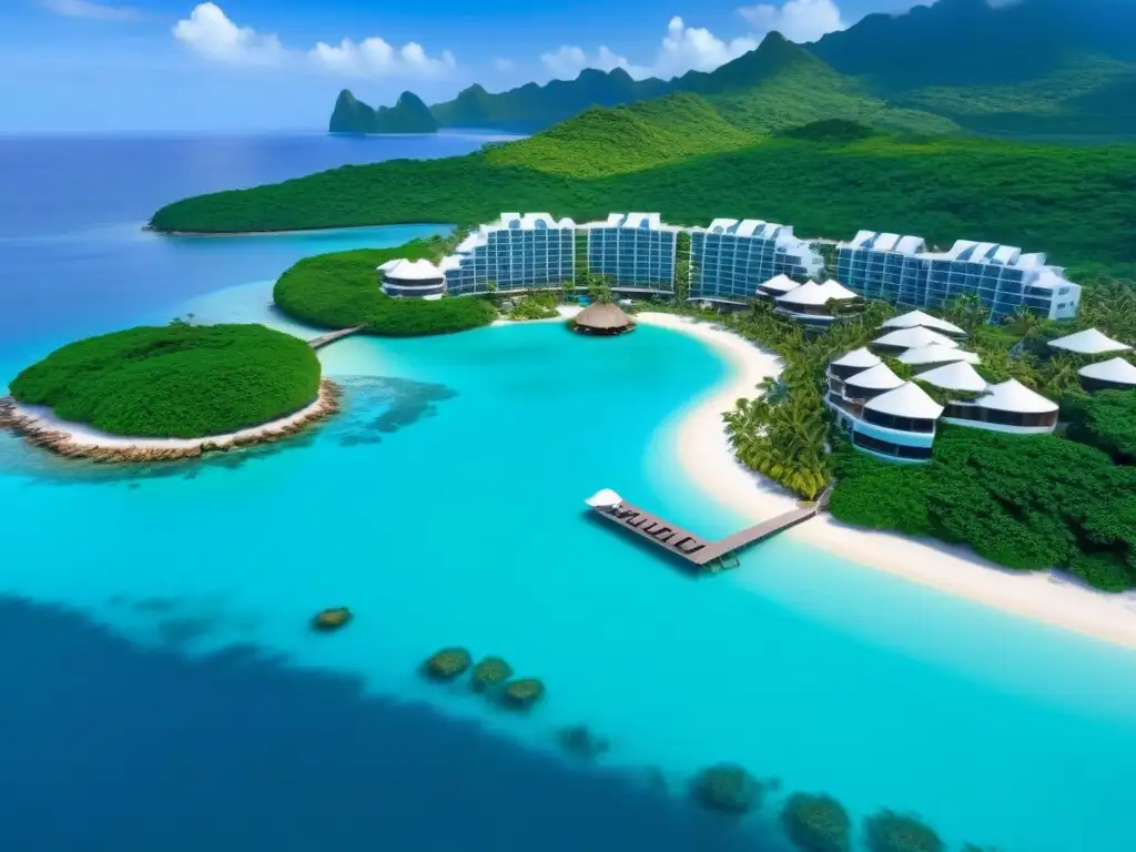 Resort de lujo en paraíso tropical: vistas aéreas impresionantes Un lujoso resort de tiempo compartido en un paraíso tropical con arquitectura moderna y piscinas infinitas frente al mar