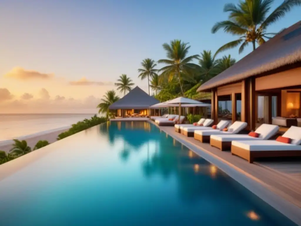 Resort de lujo en la playa: atardecer dorado y elegancia Un lujoso resort de tiempo compartido de lujo con arquitectura moderna, infinity pools y vistas al mar
