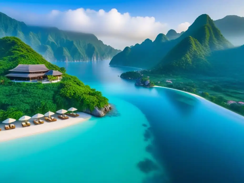 Resort de lujo en Asia: oasis entre montañas y mar turquesa Un lujoso resort de tiempo compartido en Asia, entre montañas verdes y mar turquesa