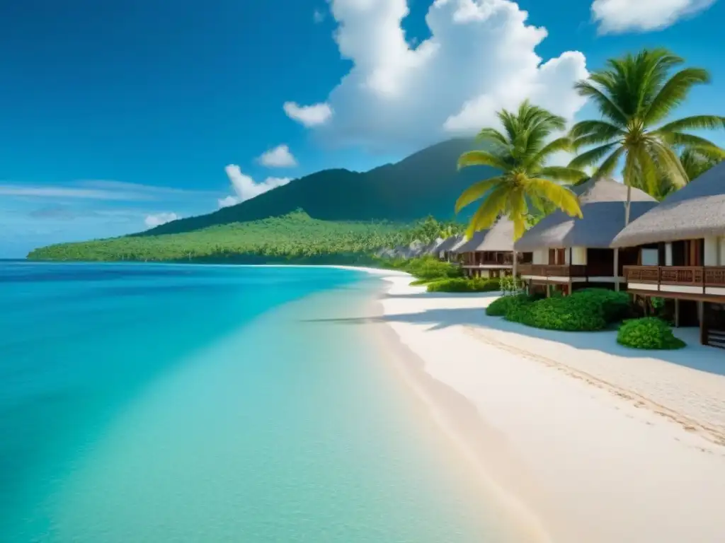 Paraíso tropical de lujo: aguas turquesas y villas exclusivas Un lujoso resort tropical con aguas turquesas, playas de arena blanca y palmeras, ideal para maximizar retorno inversión propiedades tiempo compartido