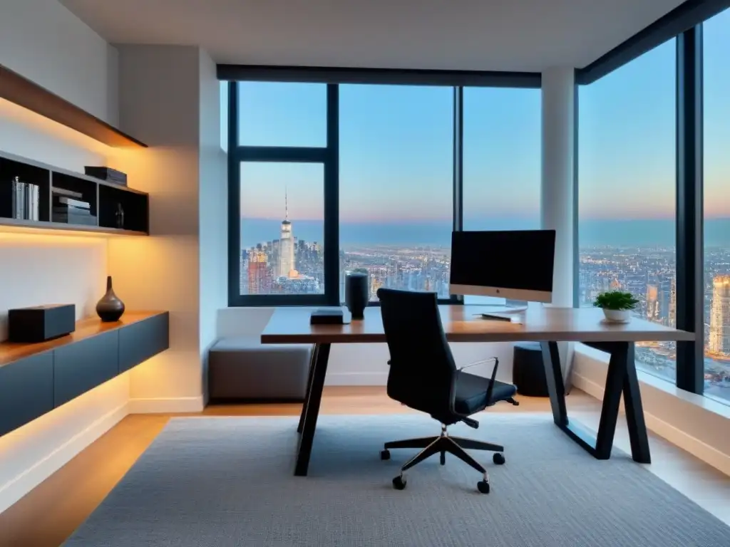 Salón moderno de lujo con vista urbana y oficina integrada Un lujoso salón moderno en un apartamento de alta gama con diseño multifuncional en arquitectura