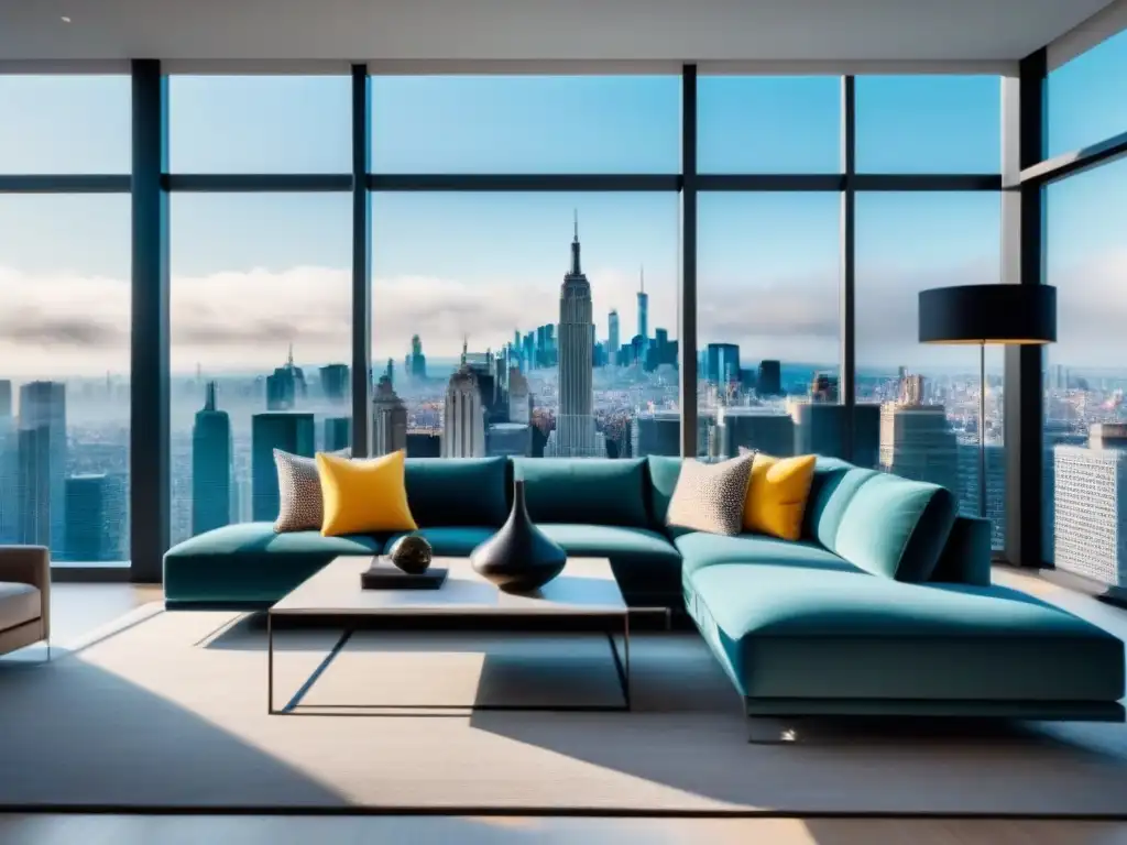 Sala de estar moderna en penthouse de lujo con vistas a la ciudad Un lujoso salón moderno en un ático de lujo con vistas a la ciudad, muebles contemporáneos y una paleta de colores sofisticada